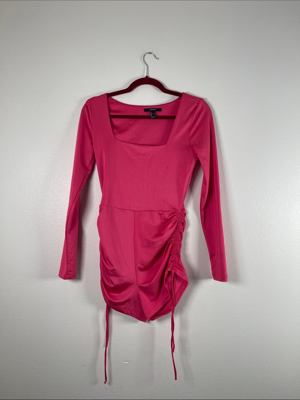 Forever 21 Hot Pink Long-Sleeve Square Neck Ruched Bodysuit